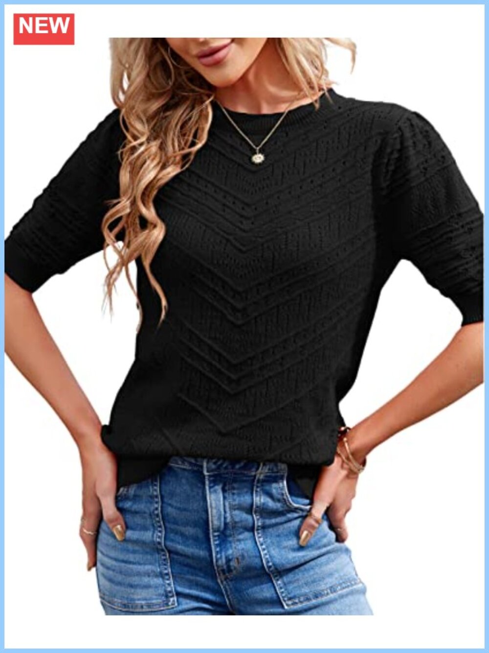 Women's Puff Short Sleeve Ribbed Knit Sweater Crew Neck Pullover Summer Top